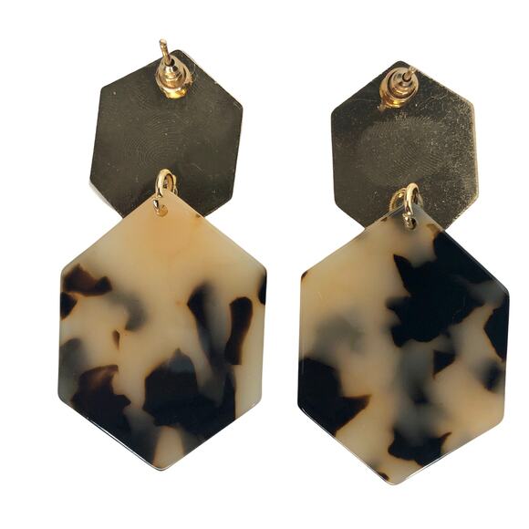 Cream and Black Tortoise Shell Geometric Drop Earrings - Picture 4 of 4
